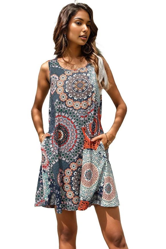 Printed Round Neck Sleeveless Dress with Pockets