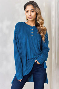 Basic Bae Full Size Ribbed Half Button Long Sleeve High-Low T-Shirt