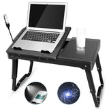 Foldable Laptop Table Bed Notebook Desk with Cooling Fan Mouse Board LED light 4 xUSB Ports Breakfast Snacking Tray