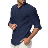 Mens Linen Cotton Henley Shirt Casual Long Sleeve Tops