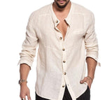 Mens Long Sleeve Shirt Band Collar Linen Lightweight Shirts