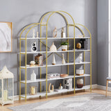 74.8 Inch 5 Tiers Office Bookcase Bookshelf, Display Shelf with Round Top, X Bar Gold Frame