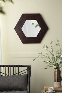 18.5" x 18.5" Hexagon Mirror with Solid Wood Frame, Wall Decor for Living Room Bathroom Hallway, Dark Brown