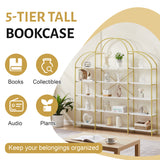 74.8 Inch 5 Tiers Office Bookcase Bookshelf, Display Shelf with Round Top, X Bar Gold Frame