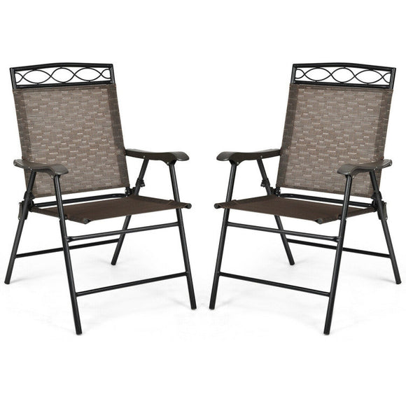 Set of 2 Patio Folding Chairs Sling Portable Dining Chair Set with Armrest