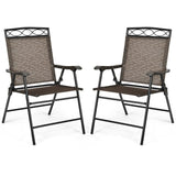 Set of 2 Patio Folding Chairs Sling Portable Dining Chair Set with Armrest