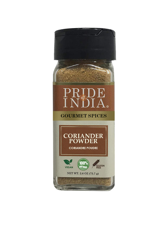 Pride of India – Coriander Seed Ground – Authentic Indian Spice – Freshly Packed Gourmet Spice – Must Ingredient in Indian & Middle Eastern Cuisines – Easy to Use – 2.6 oz. Small Dual Sifter Jar