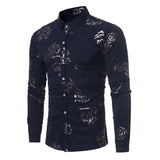 Mens Casual Shirts Gold Rose Printed Slim Fit Long Sleeve Dress Shirts/Prom Performing Shirts