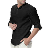 Mens Linen Cotton Henley Shirt Casual Long Sleeve Tops