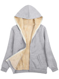 Fuzzy Hooded Jacket, Casual Zip Up Drawstring Long Sleeve Solid Outerwear, Women's Clothing