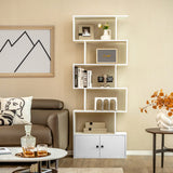 6-Tier S-Shaped Freestanding Bookshelf with Cabinet and Doors