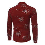 Mens Casual Shirts Gold Rose Printed Slim Fit Long Sleeve Dress Shirts/Prom Performing Shirts