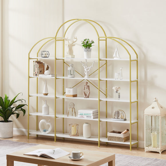 74.8 Inch 5 Tiers Office Bookcase Bookshelf, Display Shelf with Round Top, X Bar Gold Frame