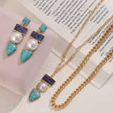 Hip Hop Style Faux Turquoise Pendant Stacked Necklace Set Earrings Ladies Fashion Earrings