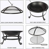 Bosonshop 22'' Outdoor Wood Burning BBQ Grill Firepit Bowl w/Spark Round Mesh Spark Screen Cover Fire Poker Patio Steel Fire Pit Bonfire for Backyard Camping