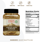 Pride of India – Ajwain Seed Powder – Gourmet Indian Spice – Made from Fresh Carom Seeds – Rich in Nutrients – Aromatic & Flavorful – Easy to Use - 2.1 oz. Small Dual Sifter Bottle