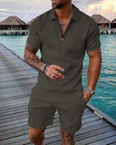 Mens Short Sleeve Casual Polo Shirt and Shorts Sets Two Piece Summer Outfits Zip Polo Tracksuit Set for Men S-XXL