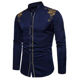 Mens Casual Shirts Slim Fit Long Sleeve Button Down Dress Shirts Tops with Embroidery