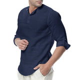 Mens Linen Cotton Henley Shirt Casual Long Sleeve Tops