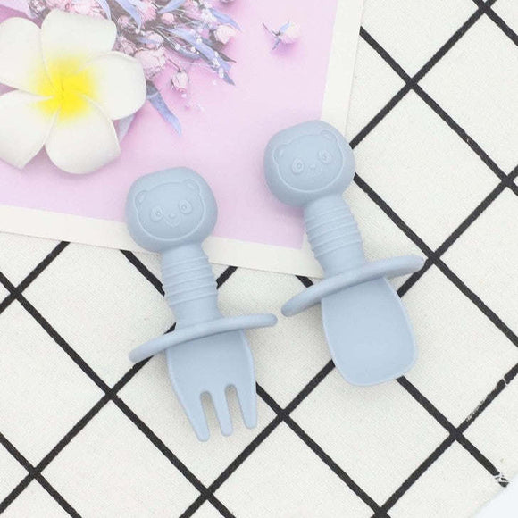 Baby Bear Pattern Complementary Food Training Lovely Silicone Spoon Fork Sets