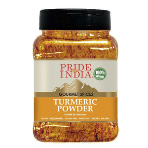 Pride of India – Natural Turmeric Ground – Traditional Indian Spice – Pantry Essential – Curcumin Rich and Gourmet – Ideal for Curries/Lentil/Meat/Pilaf – Easy to Use – 8oz. Medium Dual Sifter Jar