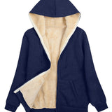 Fuzzy Hooded Jacket, Casual Zip Up Drawstring Long Sleeve Solid Outerwear, Women's Clothing