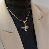 Europe and the United States wind tide brand necklace inverted triangle geometric letters pendant Metal Chain Black Leather Strap