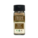 Pride of India – Ajwain Seed Powder – Gourmet Indian Spice – Made from Fresh Carom Seeds – Rich in Nutrients – Aromatic & Flavorful – Easy to Use - 2.1 oz. Small Dual Sifter Bottle