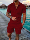 Mens Short Sleeve Casual Polo Shirt and Shorts Sets Two Piece Summer Outfits Zip Polo Tracksuit Set for Men S-XXL