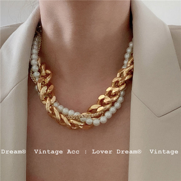 Korea Retro Triple Chain Necklace European and American Metal Style Pearl Necklace Exaggerated Circle