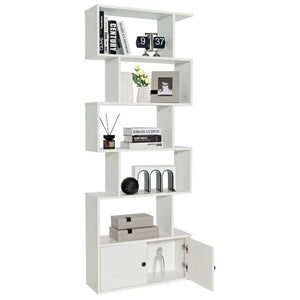 6-Tier S-Shaped Freestanding Bookshelf with Cabinet and Doors