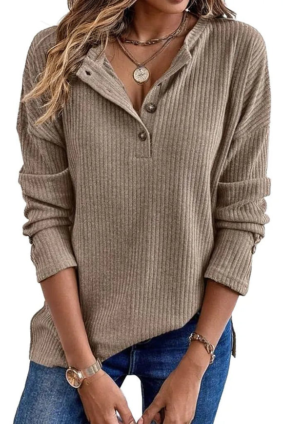 Ribbed Half Button Long Sleeve Knit Top