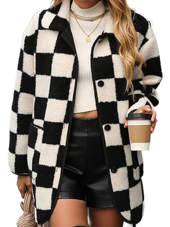 Double Take Full Size Checkered Button Front Coat with Pockets